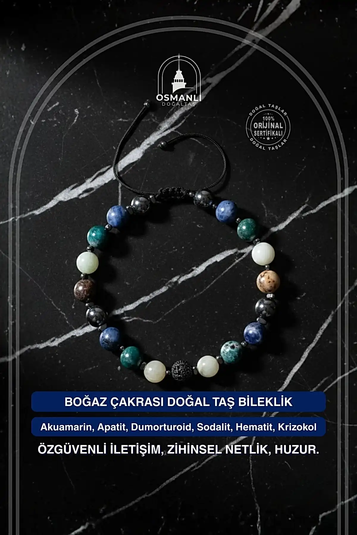Sertifikalı Boğaz Çakrası Doğal Taş Makrome Bileklik