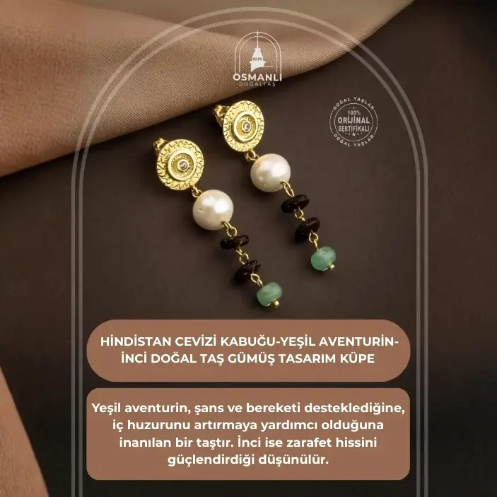 Hindistan Cevizi Kabuğu-Yeşil Aventurin-İnci Doğal Taş Gümüş Küpe
