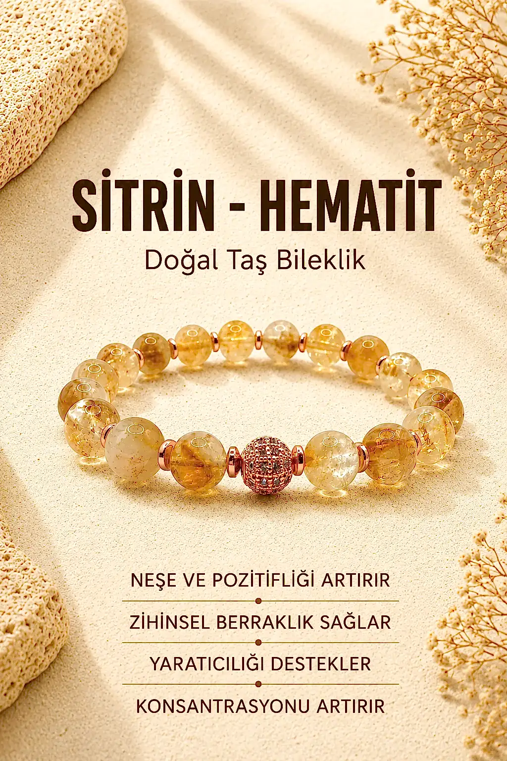 Hakiki Orijinal Sertifikalı Sitrin - Hematit Doğal Taş Bileklik Zirkon Aparatlı 8 mm