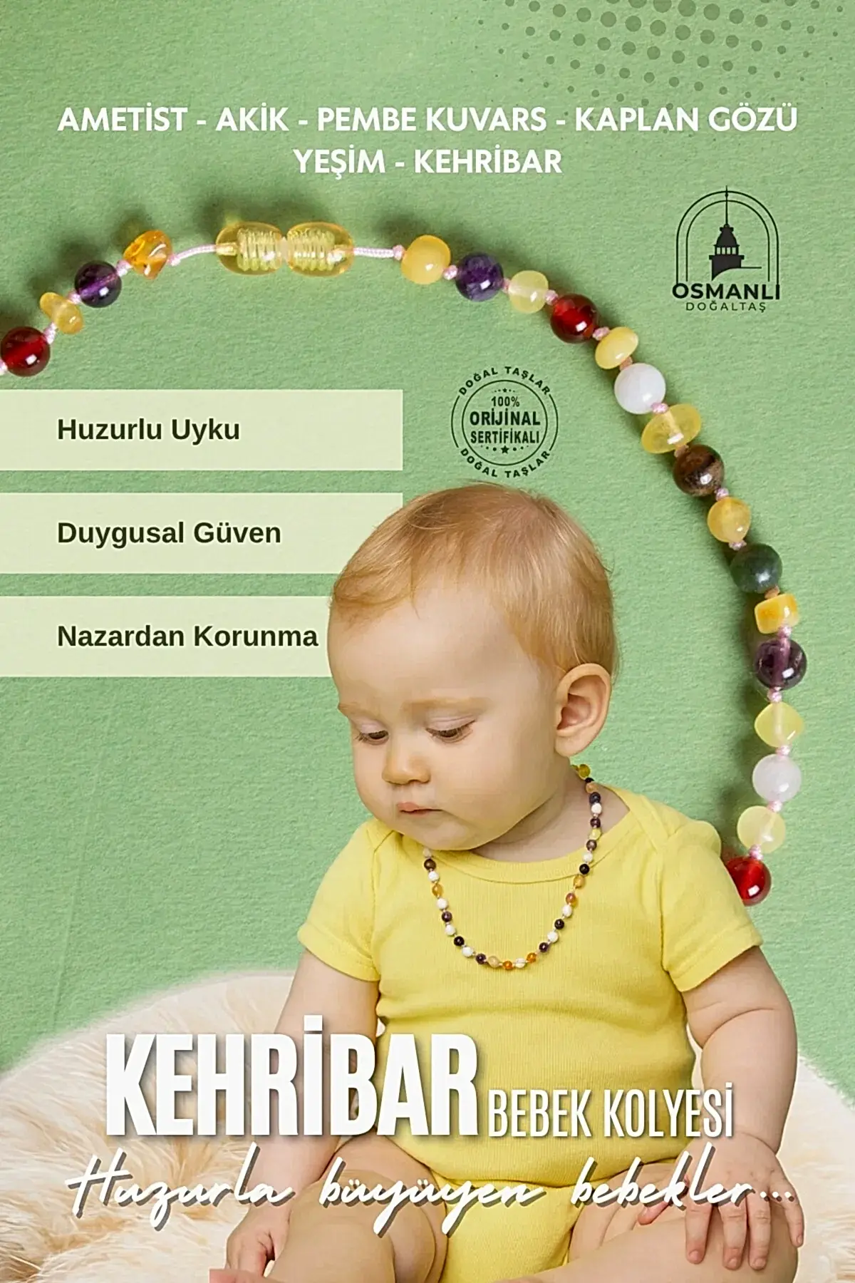 Sertifikalı Doğal Taş Bebek Kolye - Kehribar, Yeşim, Kaplan Gözü, Ametist, Pembe Kuvars, Akik