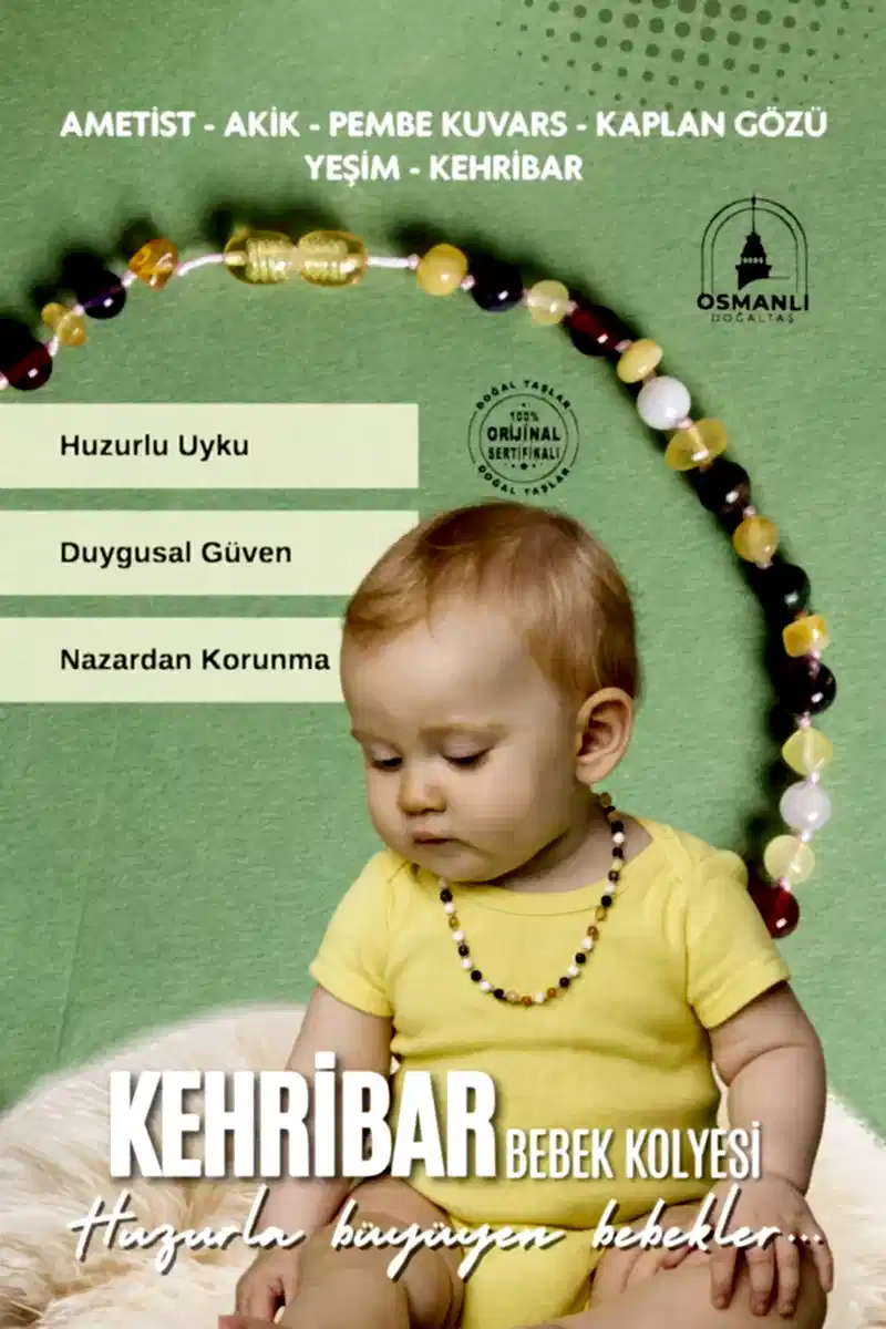 Sertifikalı Doğal Taş Bebek Kolye - Kehribar, Yeşim, Kaplan Gözü, Ametist, Pembe Kuvars, Akik