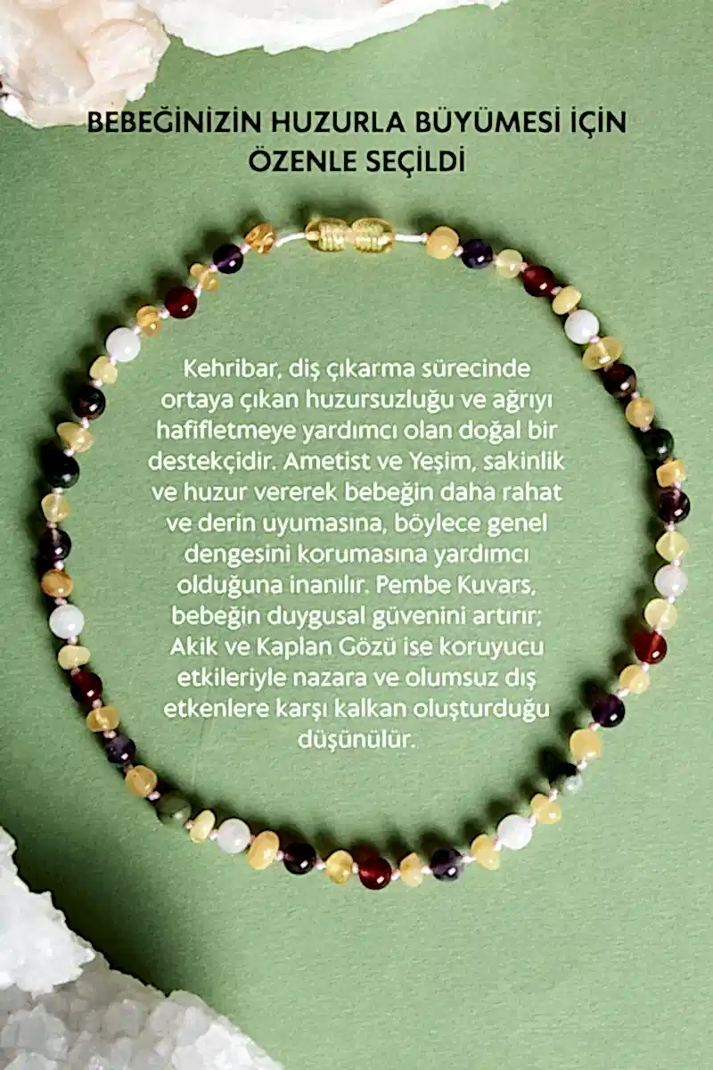 Sertifikalı Doğal Taş Bebek Kolye - Kehribar, Yeşim, Kaplan Gözü, Ametist, Pembe Kuvars, Akik