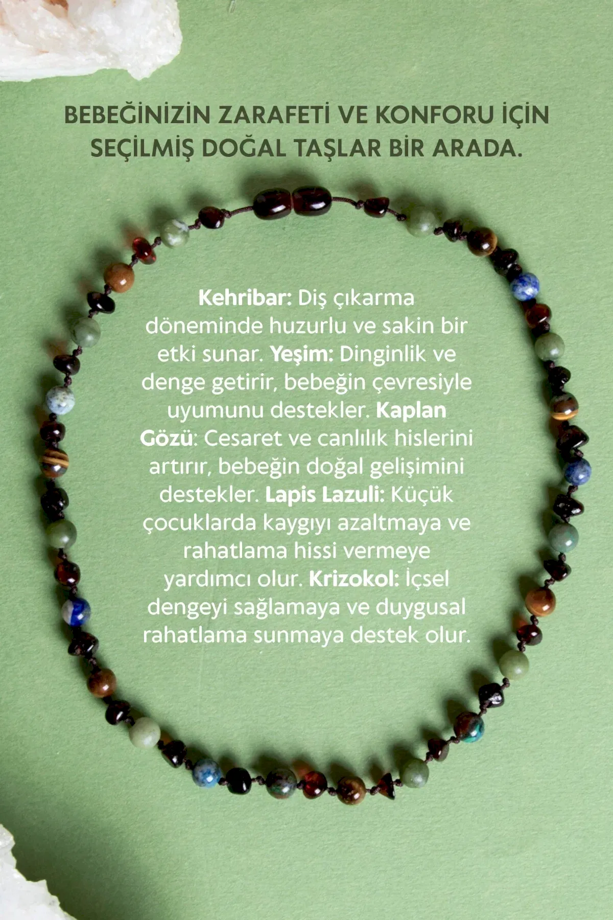 Sertifikalı Doğal Taş Bebek Kolye-yeşim,lapis,kehribar,kaplan Gözü,krizokol M106