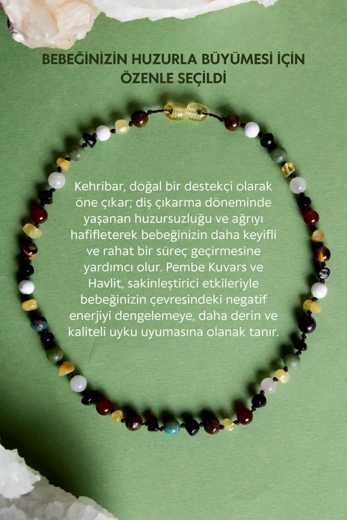 Sertifikalı Doğal Taş Bebek Kolye - Kehribar, Yeşim, Kaplan Gözü, Akik, Havlit, Krizokol, Pembe Kuvars