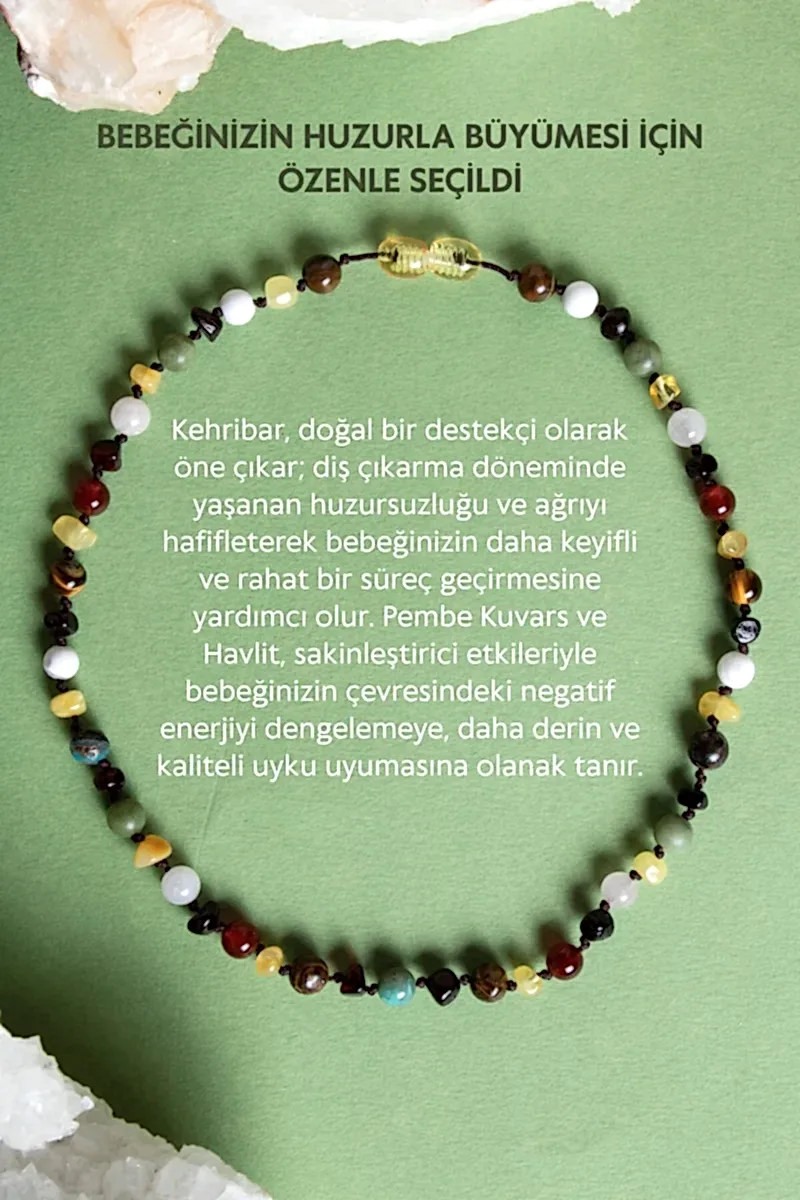 Sertifikalı Doğal Taş Bebek Kolye - Kehribar, Yeşim, Kaplan Gözü, Akik, Havlit, Krizokol, Pembe Kuvars