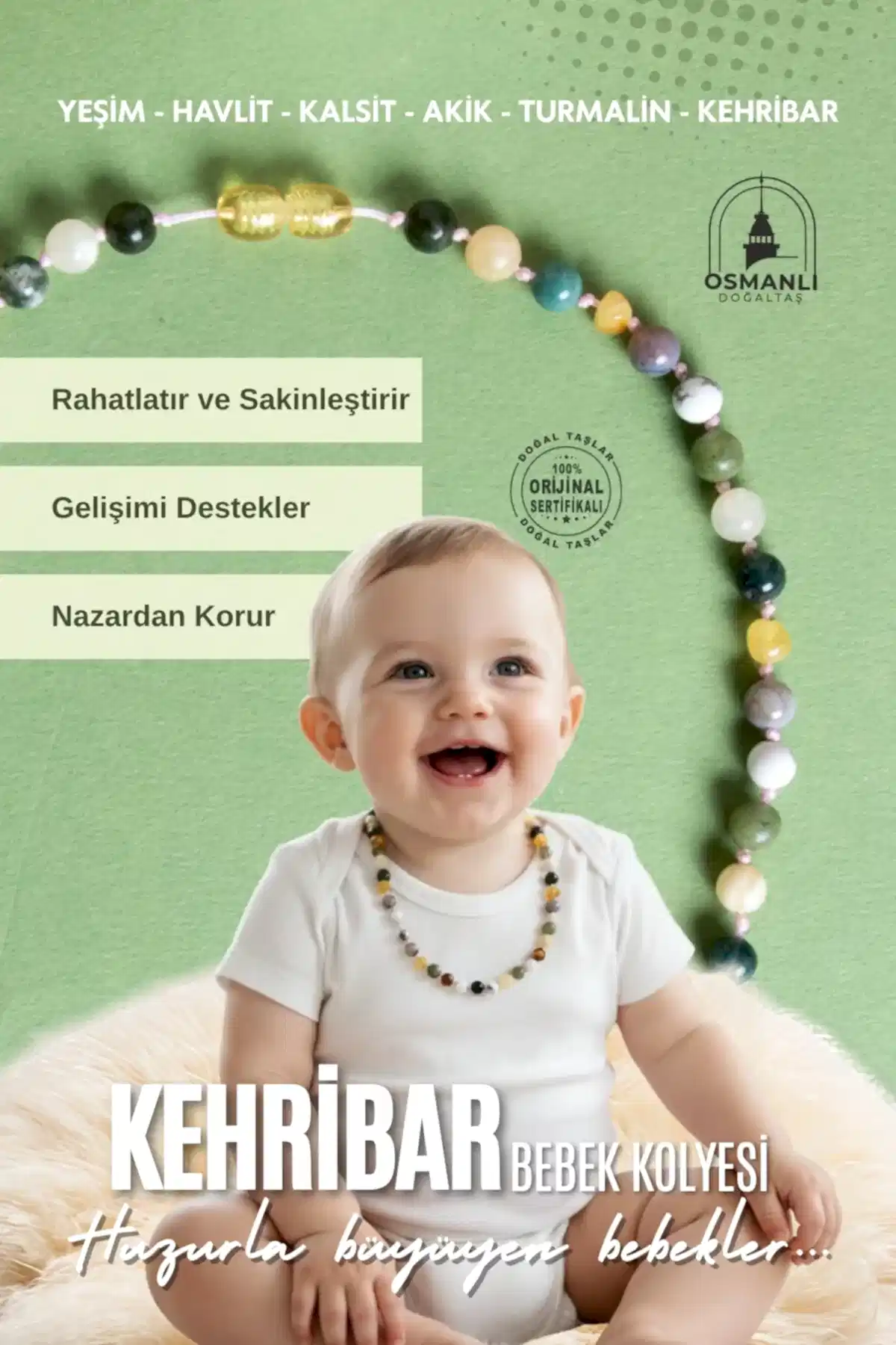 Sertifikalı Bebek Kehribar Kolye-Kehribar, Yeşim, Havlit, Kalsit, Hint Akik, Yosunlu Akik