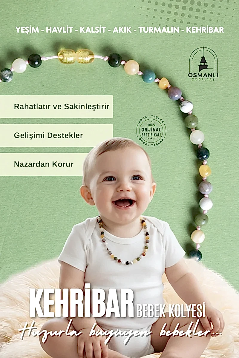 Sertifikalı Bebek Kehribar Kolye-Kehribar, Yeşim, Havlit, Kalsit, Hint Akik, Yosunlu Akik