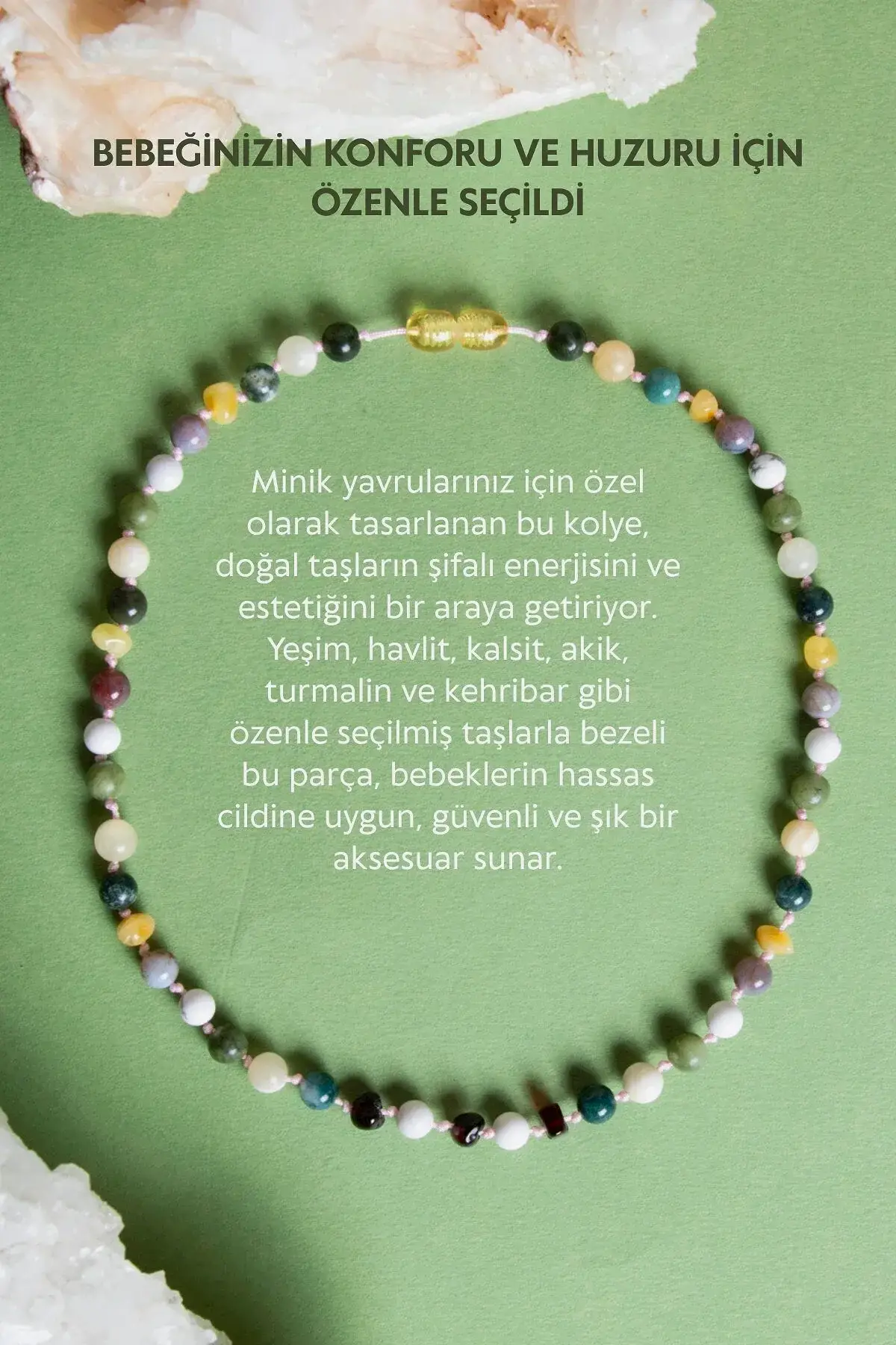 Sertifikalı Bebek Kehribar Kolye-Kehribar, Yeşim, Havlit, Kalsit, Hint Akik, Yosunlu Akik