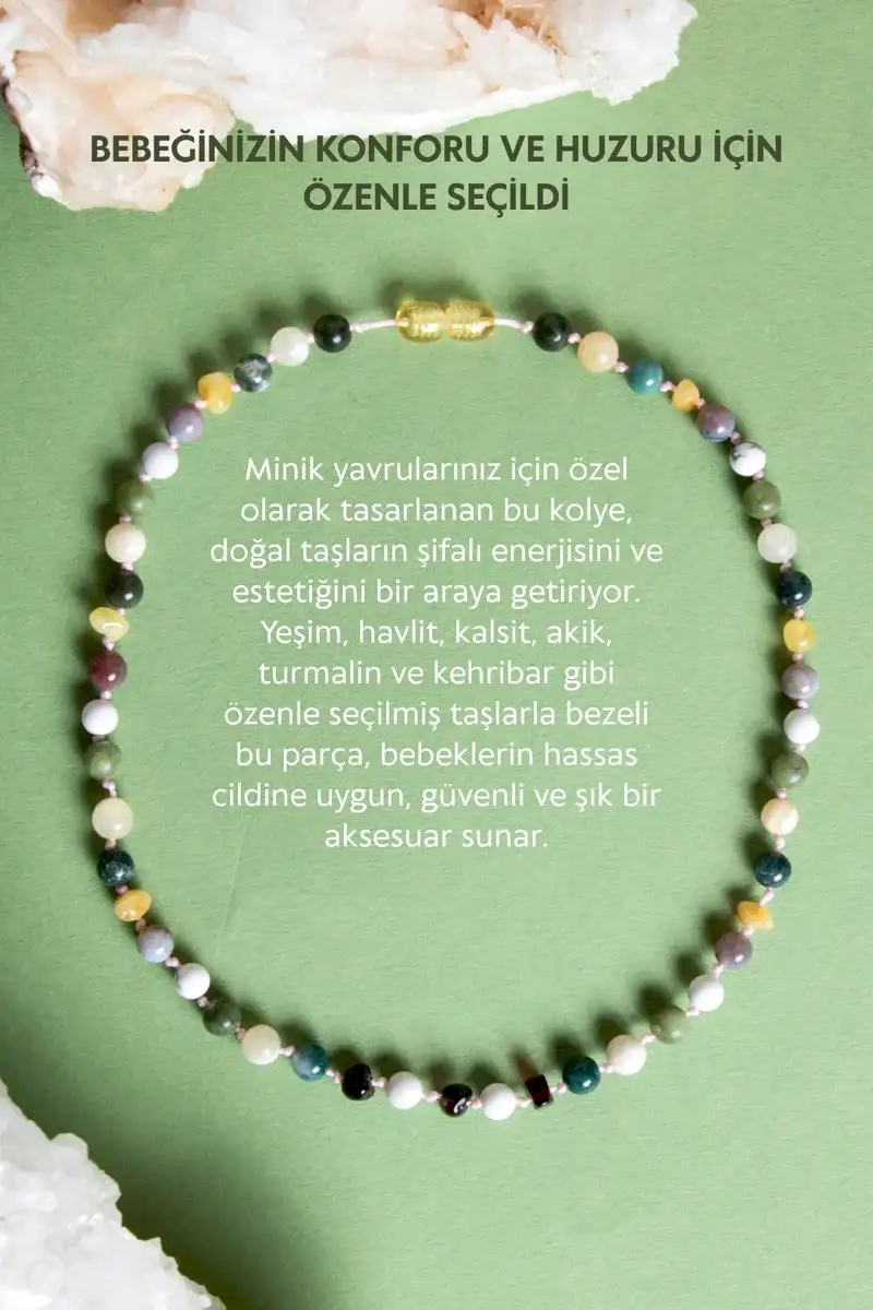 Sertifikalı Bebek Kehribar Kolye-Kehribar, Yeşim, Havlit, Kalsit, Hint Akik, Yosunlu Akik