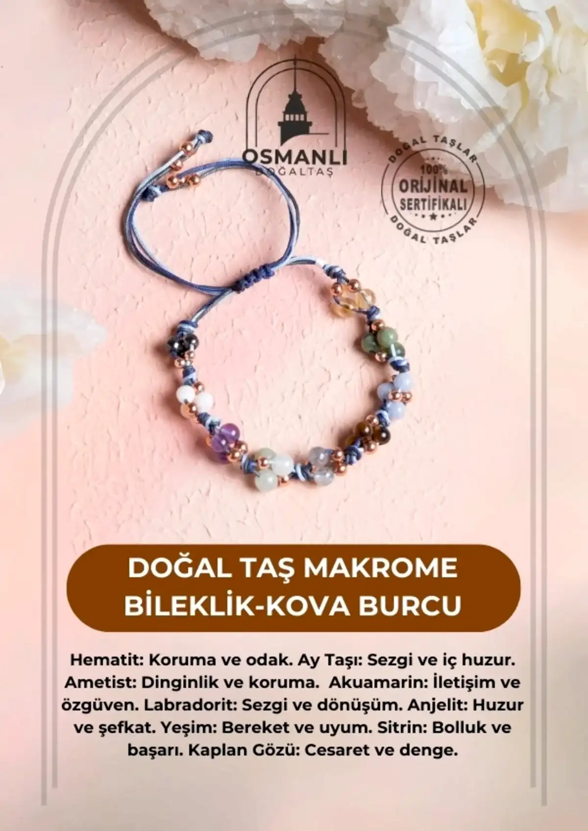 Sertifikalı Doğal Taş Makrome Bileklik-Kova Burcu