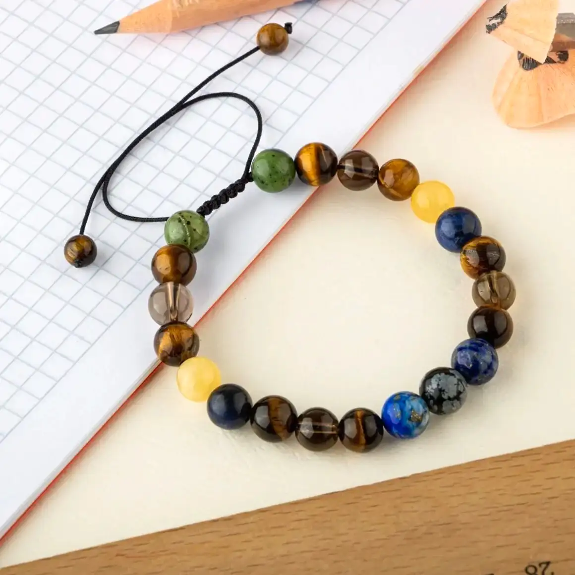Öğrenci Doğal Taş Bileklik-Karlı Obsidyen-Lapis-Kaplan Gözü-Dumanlı Kuvars-Sodalit-Kalsit-Yeşim