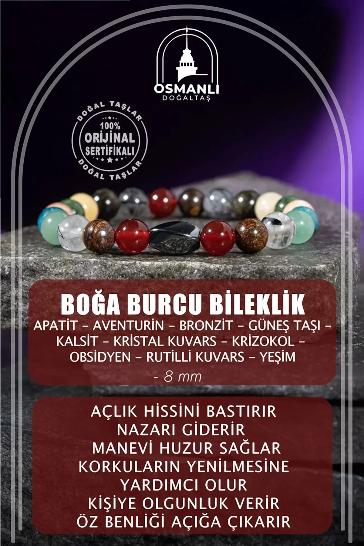 Boğa Burcu Bileklik Bronzit, Golden Obsidyen, Güneş Taşı, Kalsit, Kristal Kuvars, Krizokol, Mavi Apatit, Rutilli Kuvars, Yeşil Aventurin, Yeşim