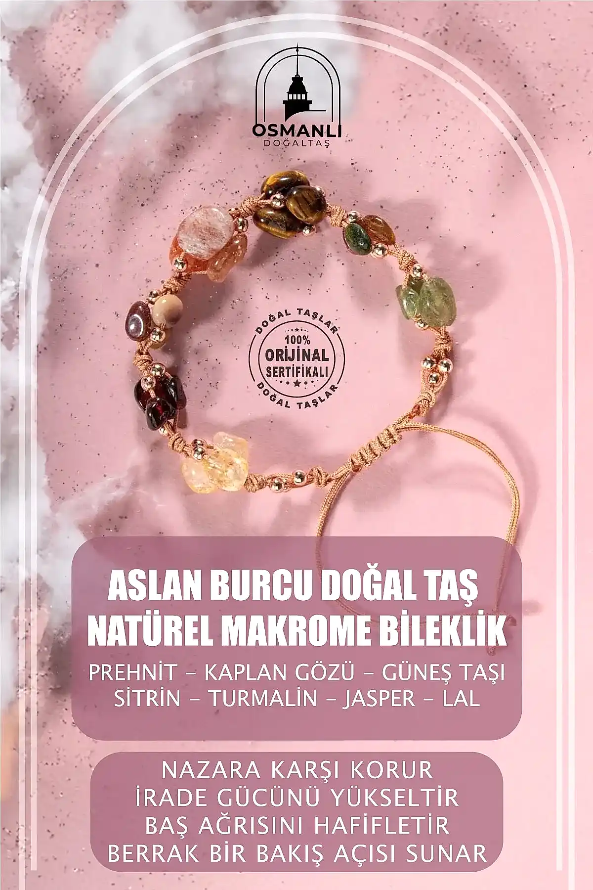 Aslan Burcu Bileklik Bordo Granat Lal, Güneş Taşı, Jasper, Kaplan Gözü, Kehribar, Renkli Turmalin, Sitrin
