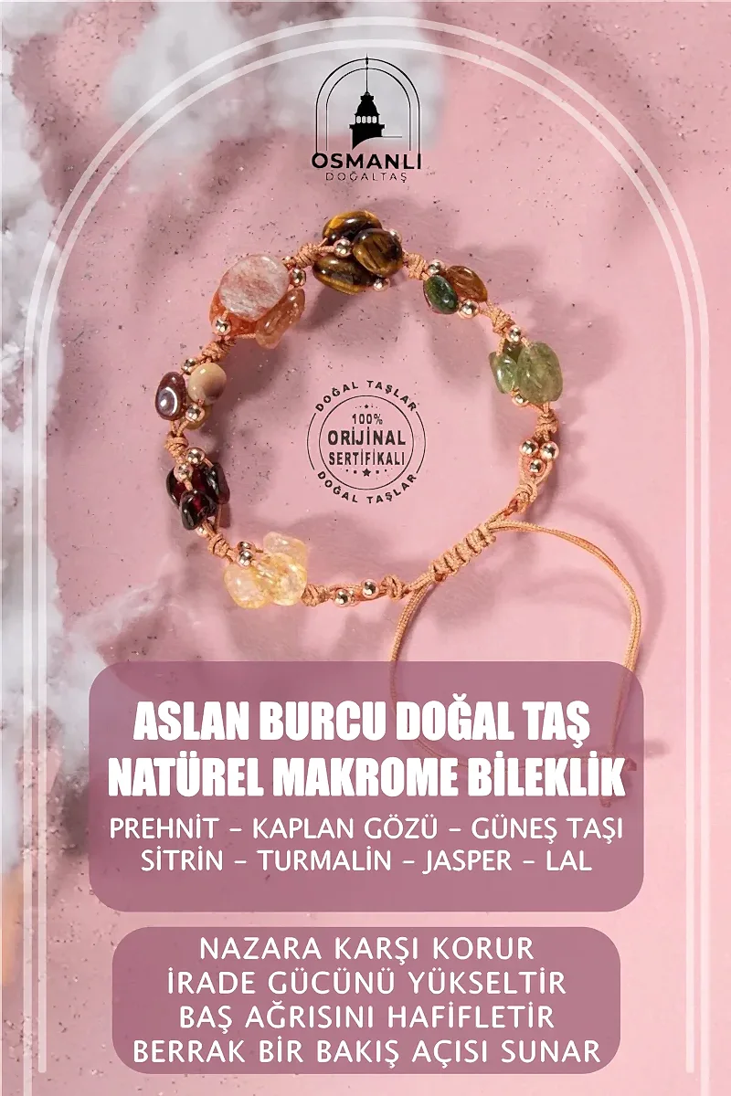 Aslan Burcu Bileklik Bordo Granat Lal, Güneş Taşı, Jasper, Kaplan Gözü, Kehribar, Renkli Turmalin, Sitrin
