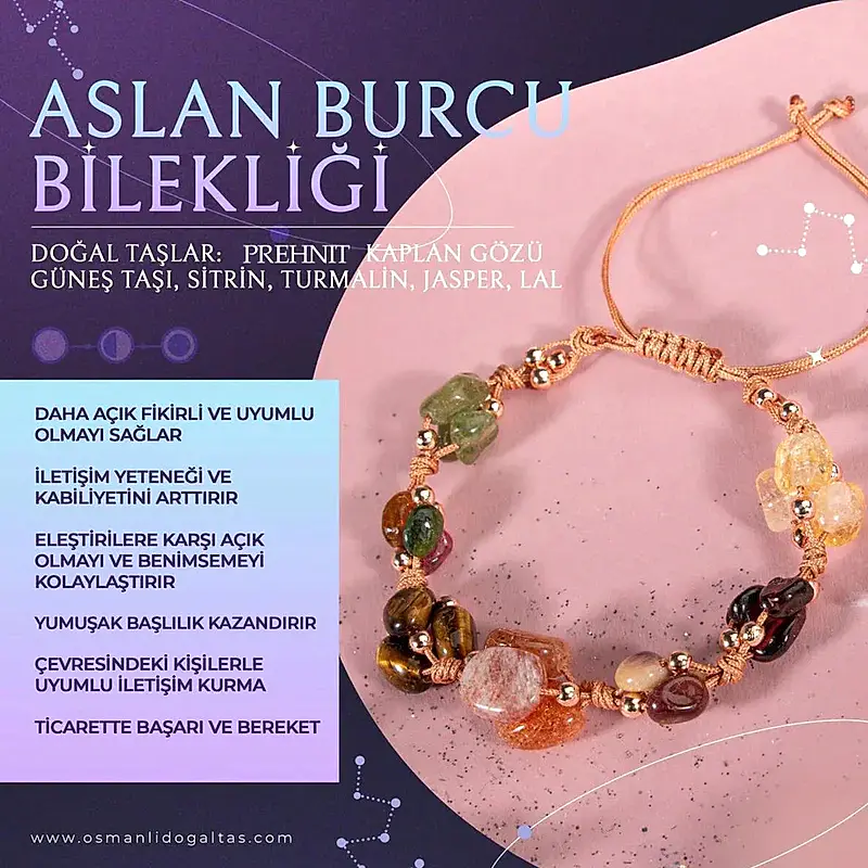 Aslan Burcu Bileklik Bordo Granat Lal, Güneş Taşı, Jasper, Kaplan Gözü, Kehribar, Renkli Turmalin, Sitrin