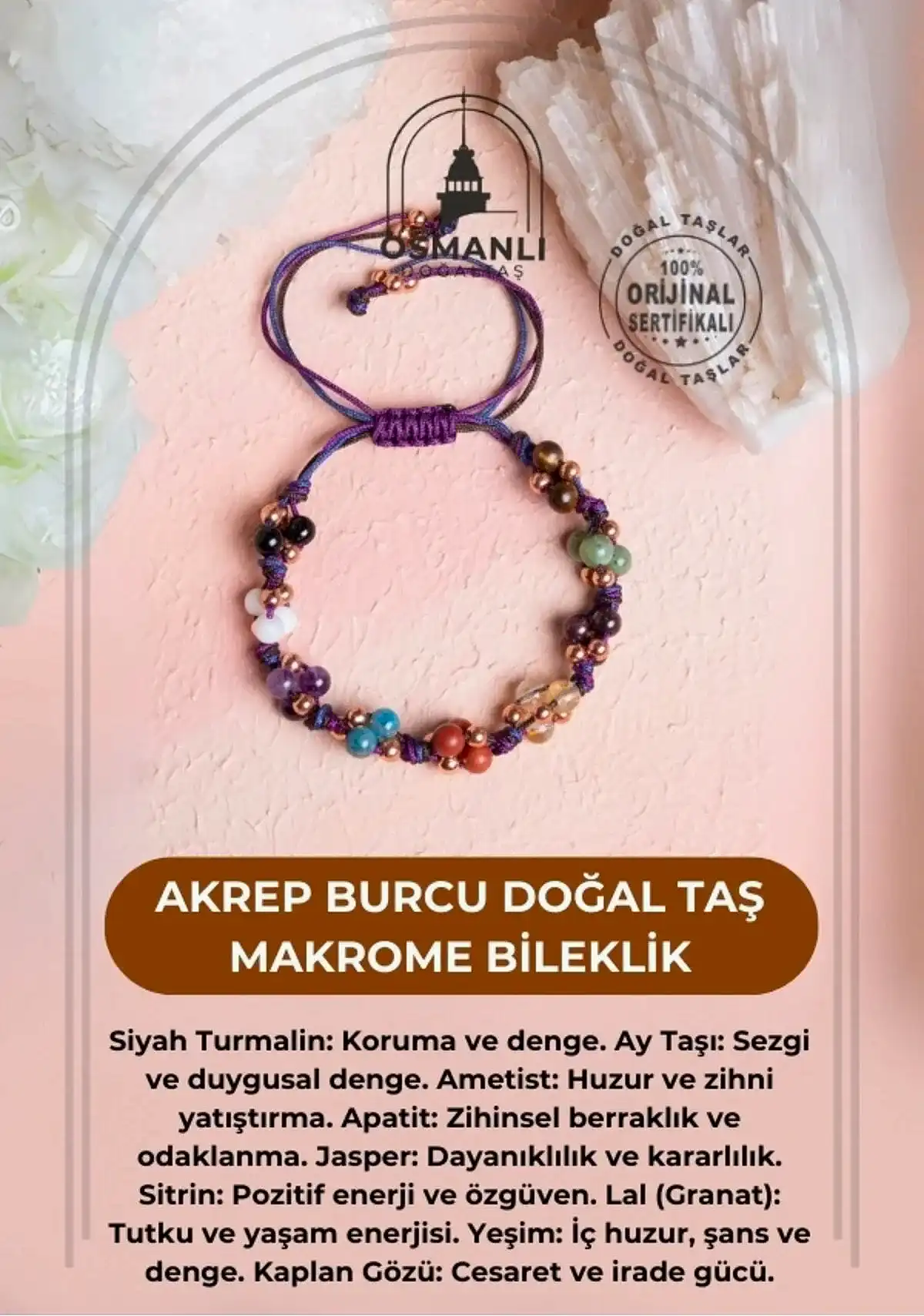 Sertifikalı Akrep Burcu Doğal Taş Makrome Bileklik