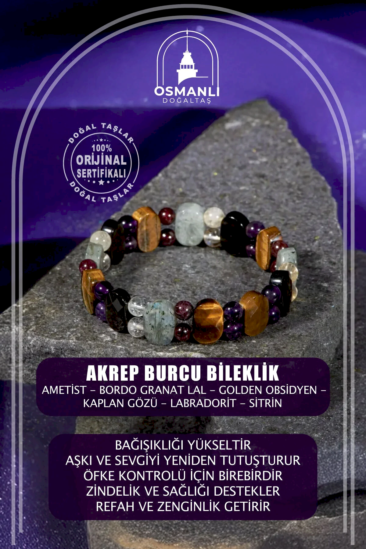 Akrep Burcu Bileklik Ametist, Bordo Granat Lal, Golden Obsidyen, Kaplan Gözü, Labradorit, Sitrin