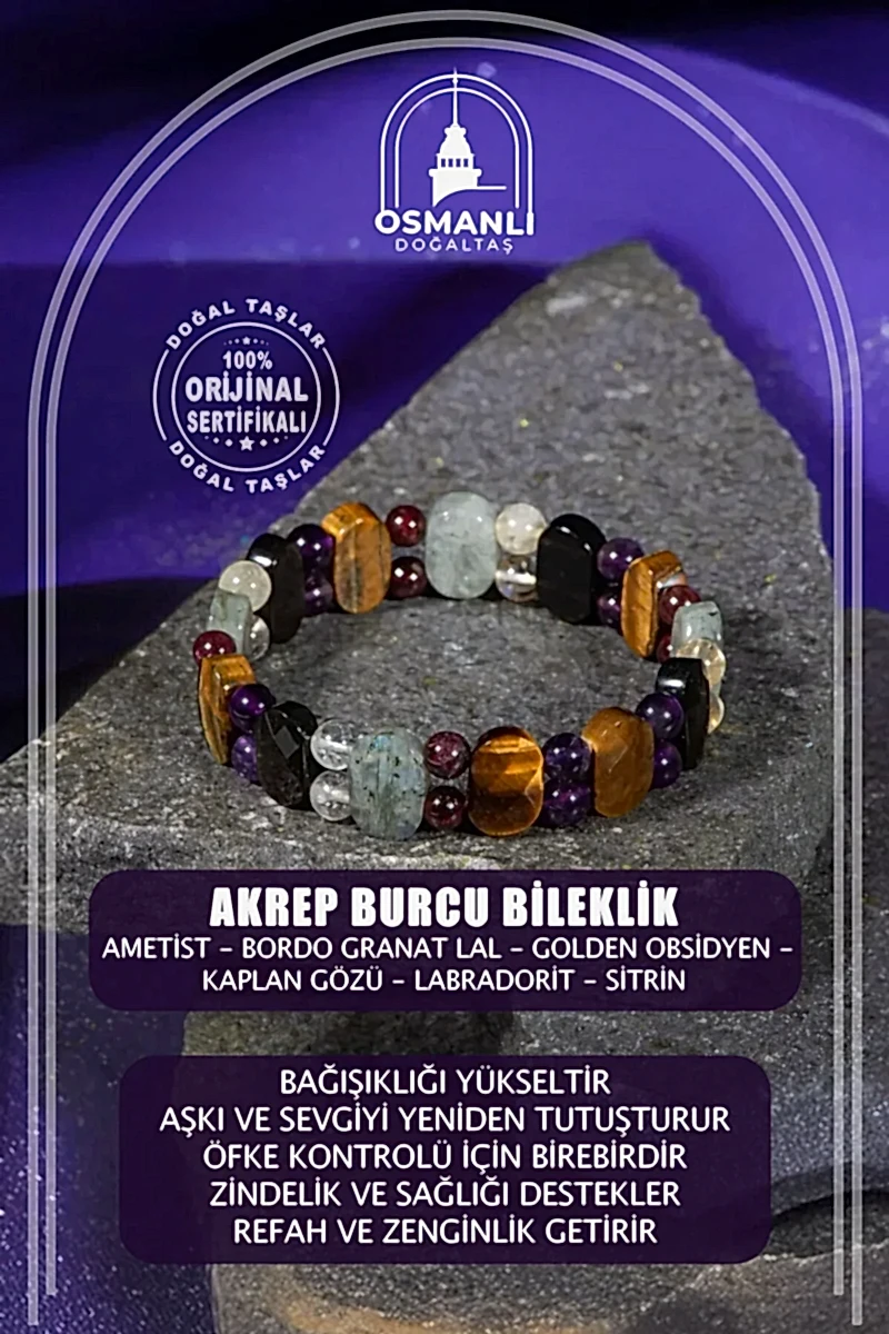 Akrep Burcu Bileklik Ametist, Bordo Granat Lal, Golden Obsidyen, Kaplan Gözü, Labradorit, Sitrin