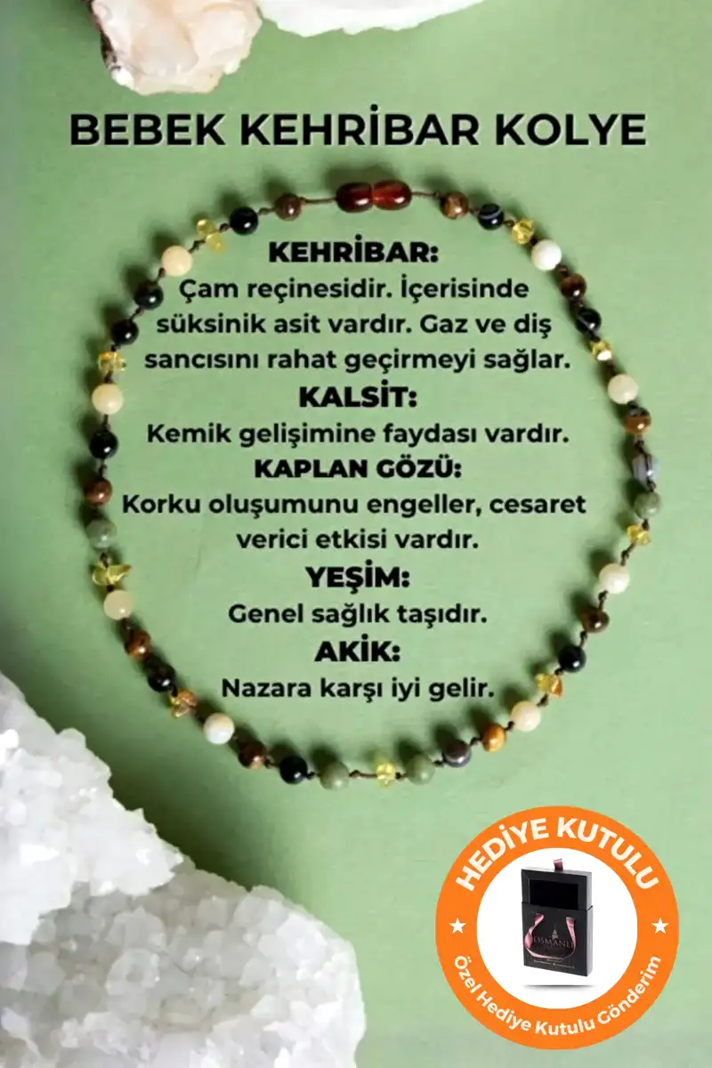 Sertifikalı Bebek Kehribar Kolye Kehribar - Yeşim - Kaplan Gözü - Kahve Göz Akik- Kalsit