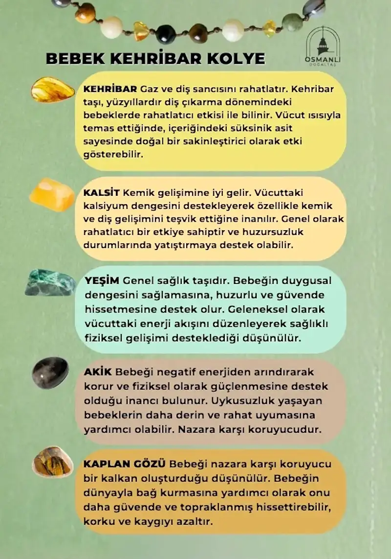 Sertifikalı Bebek Kehribar Kolye Kehribar - Yeşim - Kaplan Gözü - Kahve Göz Akik- Kalsit