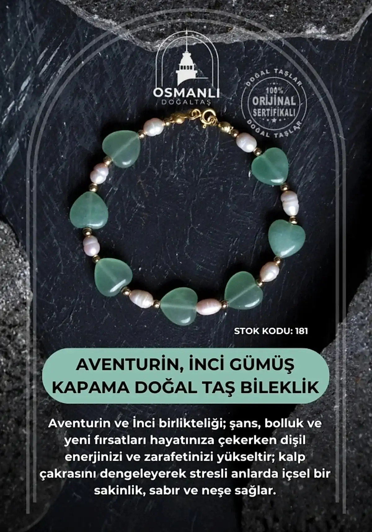 Sertifikalı Aventurin, İnci Gümüş Kapama Doğal Taş Bileklik (SK:181)