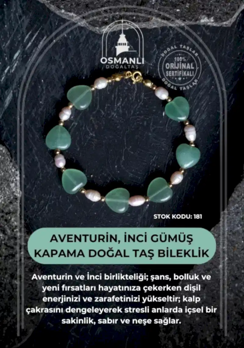 Sertifikalı Aventurin, İnci Gümüş Kapama Doğal Taş Bileklik (SK:181)