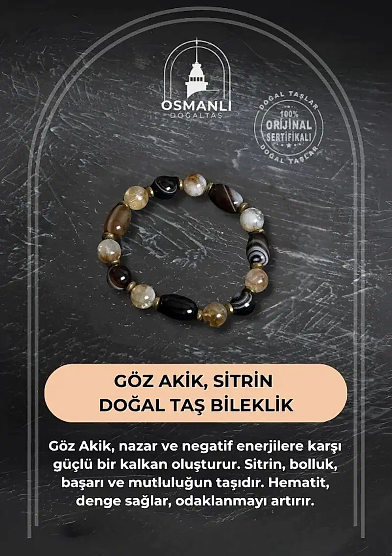 Sertifikalı Göz Akik ve Sitrin Doğal Taş Bileklik