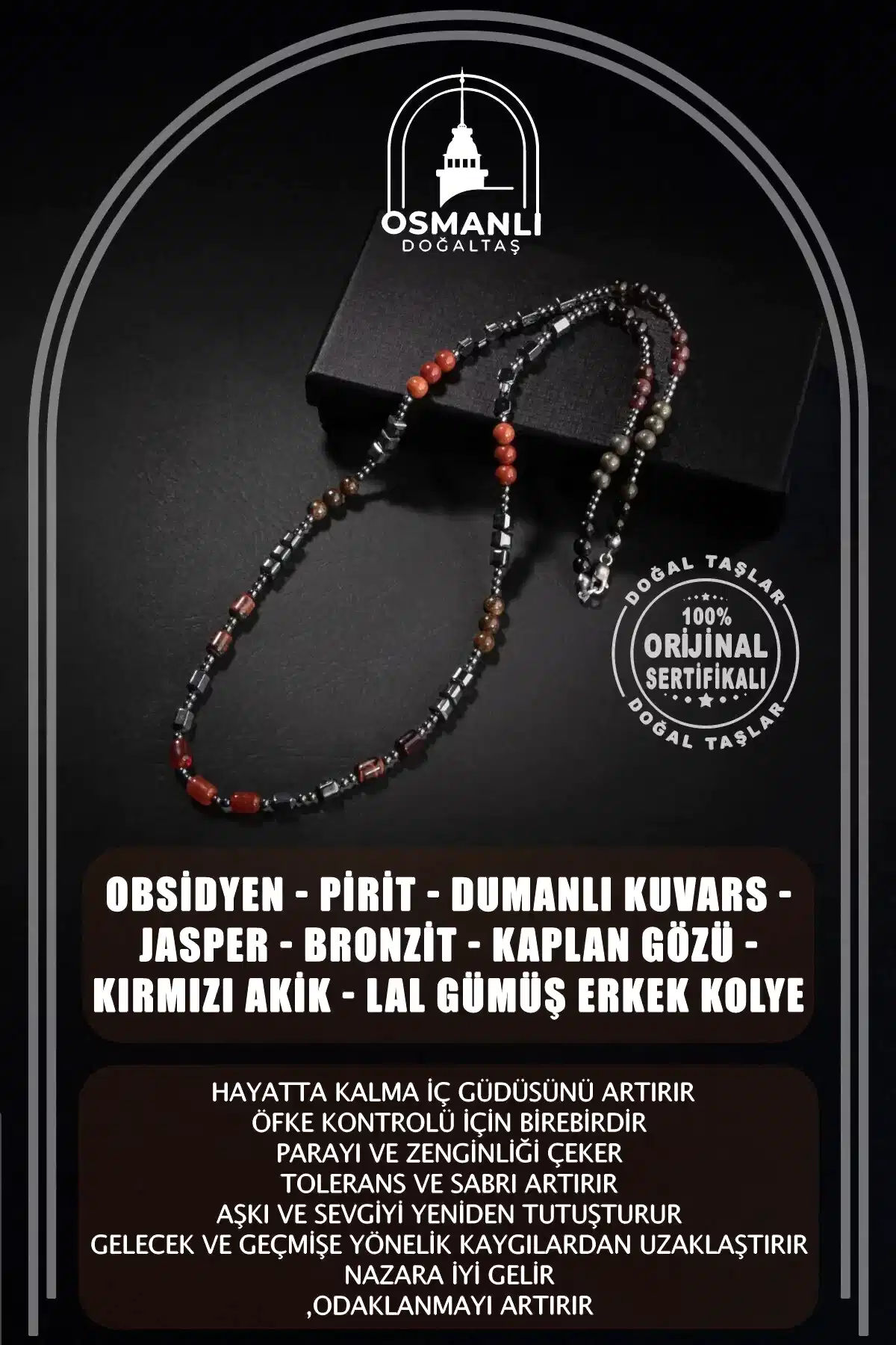 Obsidyen-Pirit-Dumanlı Kuvars-Jasper-Bronzit-Kaplan Gözü-Kırmızı Akik-Lal Taşı-Hematit Doğal Taş Erkek Tasarım Kolye