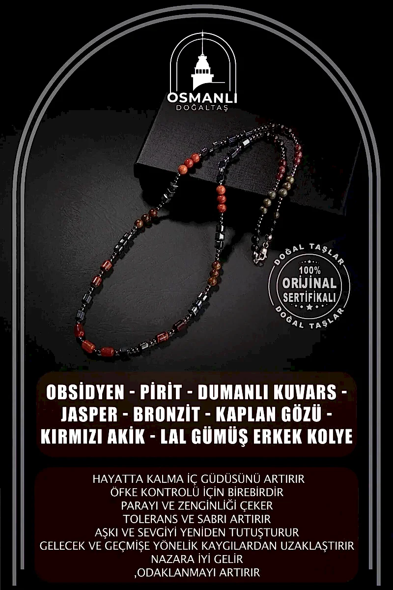 Obsidyen-Pirit-Dumanlı Kuvars-Jasper-Bronzit-Kaplan Gözü-Kırmızı Akik-Lal Taşı-Hematit Doğal Taş Erkek Tasarım Kolye