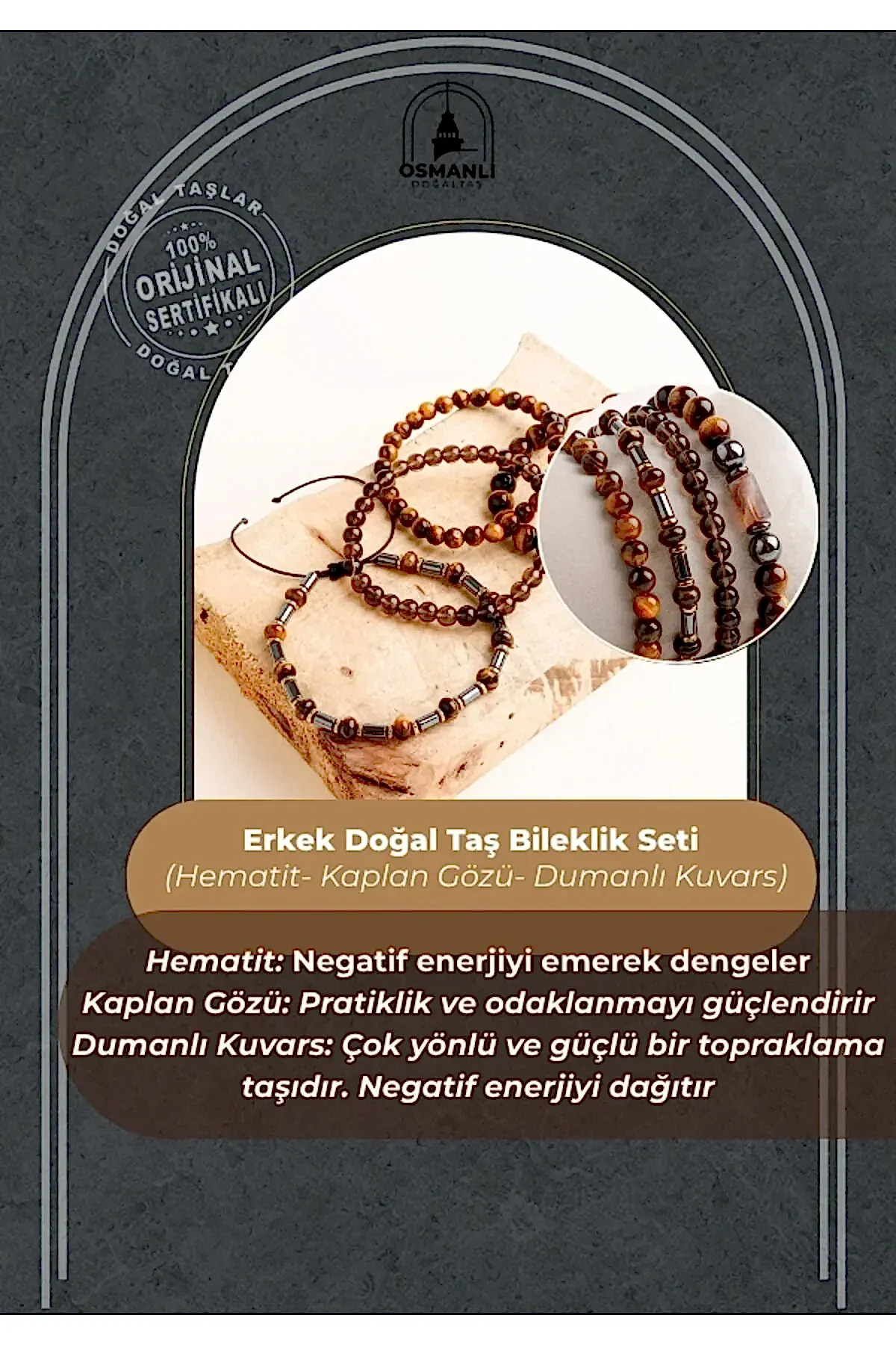 Hematit-Kaplan Gözü-Dumanlı Kuvars Erkek Doğal Taş Bileklik Seti