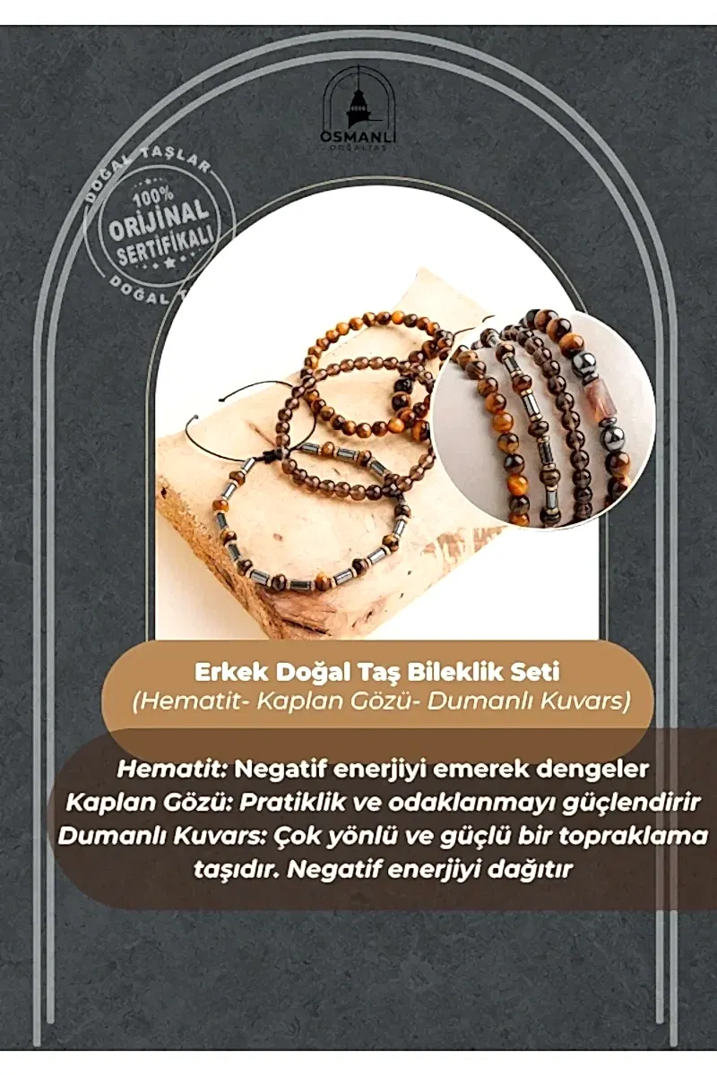Hematit-Kaplan Gözü-Dumanlı Kuvars Erkek Doğal Taş Bileklik Seti