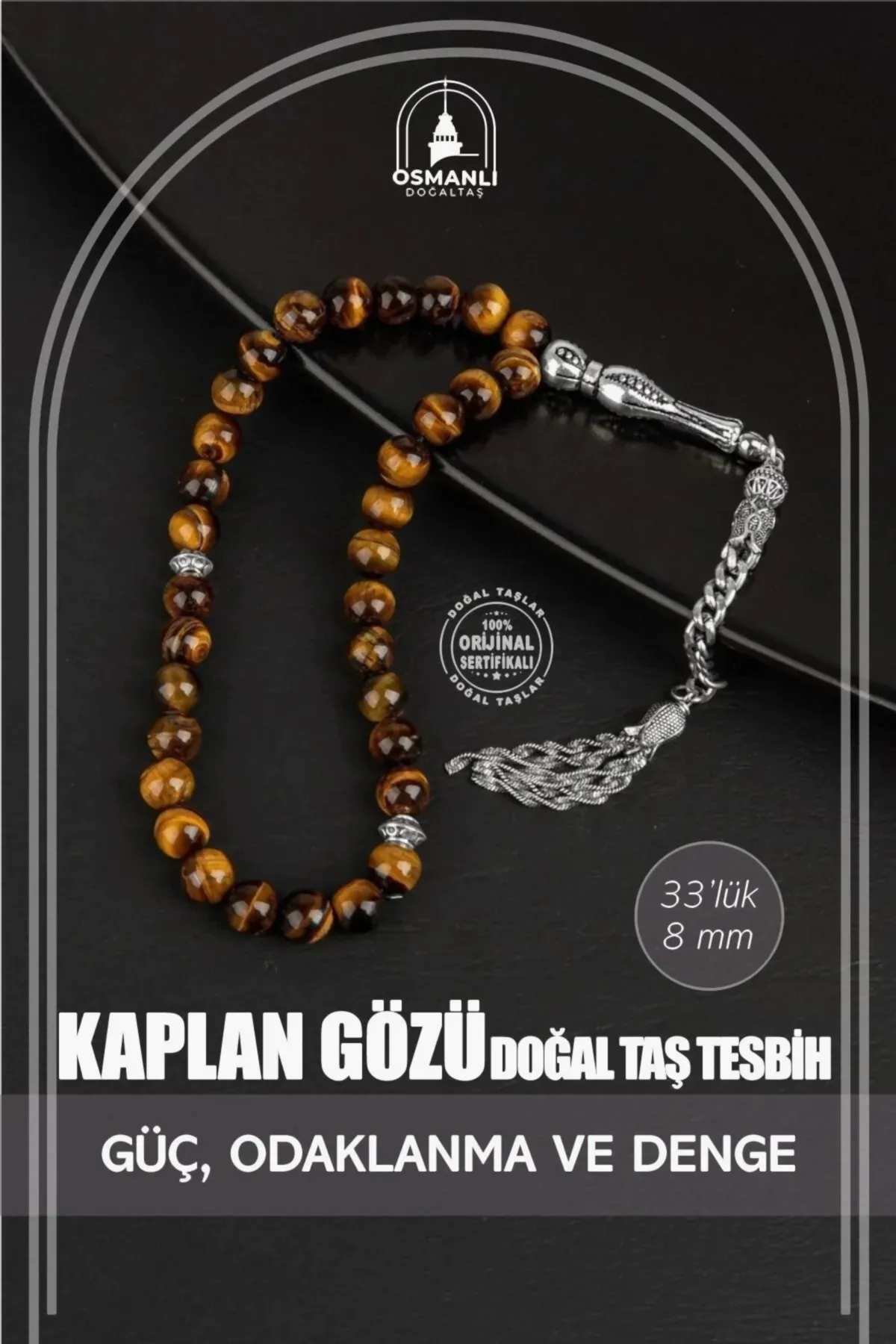 Kaplan Gözü Doğal Taş Tesbih 33lük - 8mm