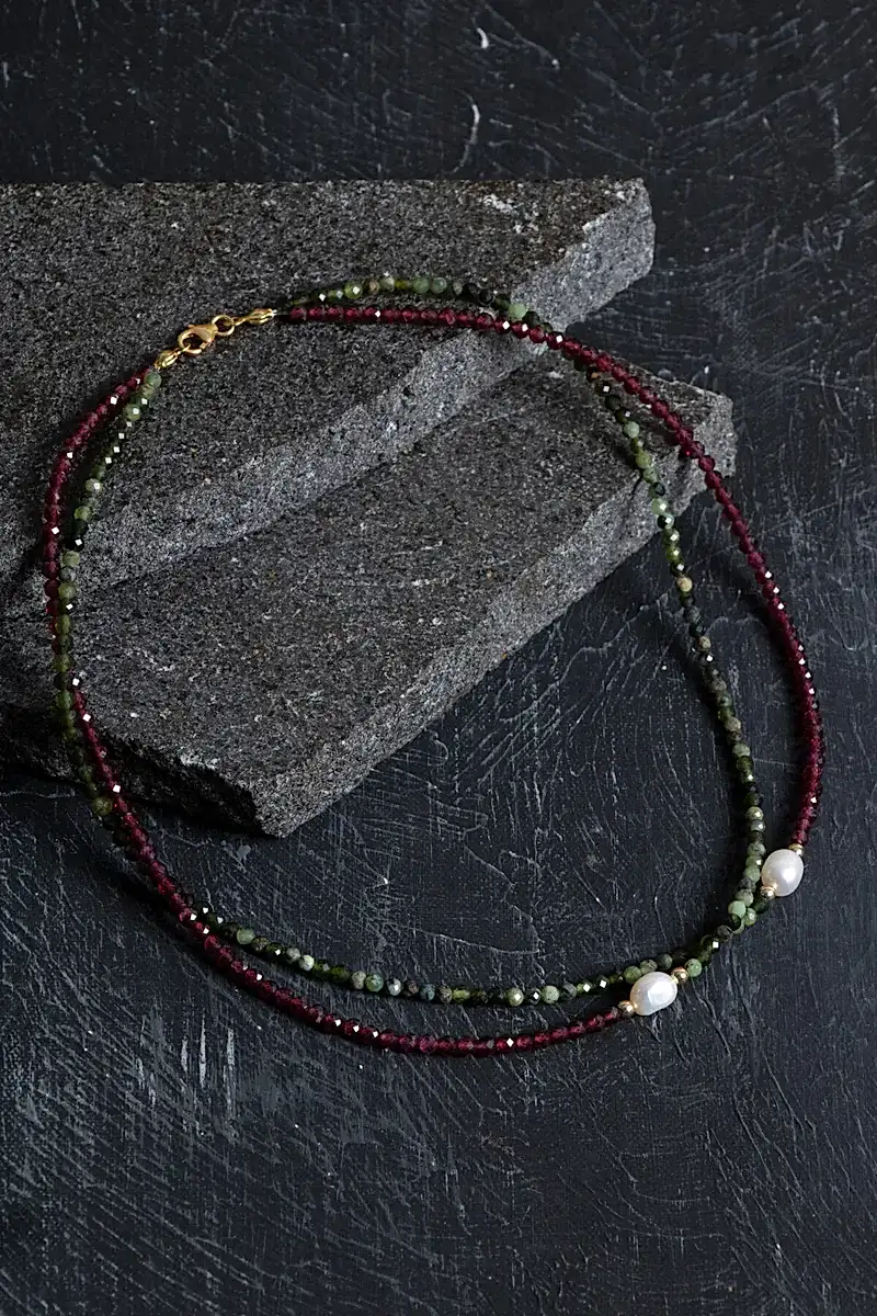 Sertifikalı Yeşim, Lal, İnci Fasetli Doğal Taş Kolye