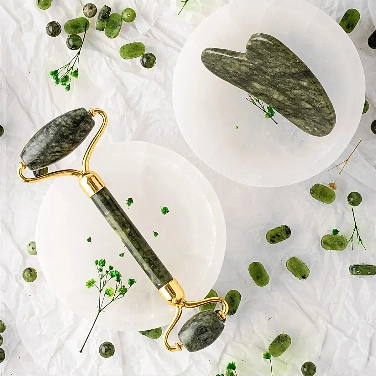Yeşim Taşı Masaj Takımı - Roller ve Gua Sha Kapli Set