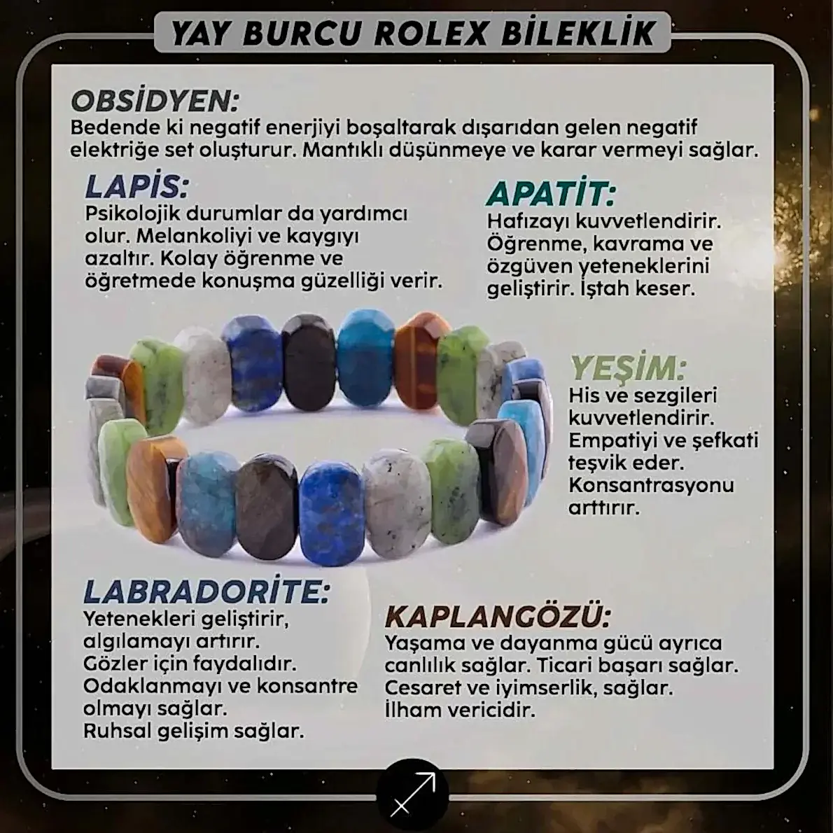 Sertifikalı Yay Burcu Roleks Doğal Taş Bileklik (SK:348)