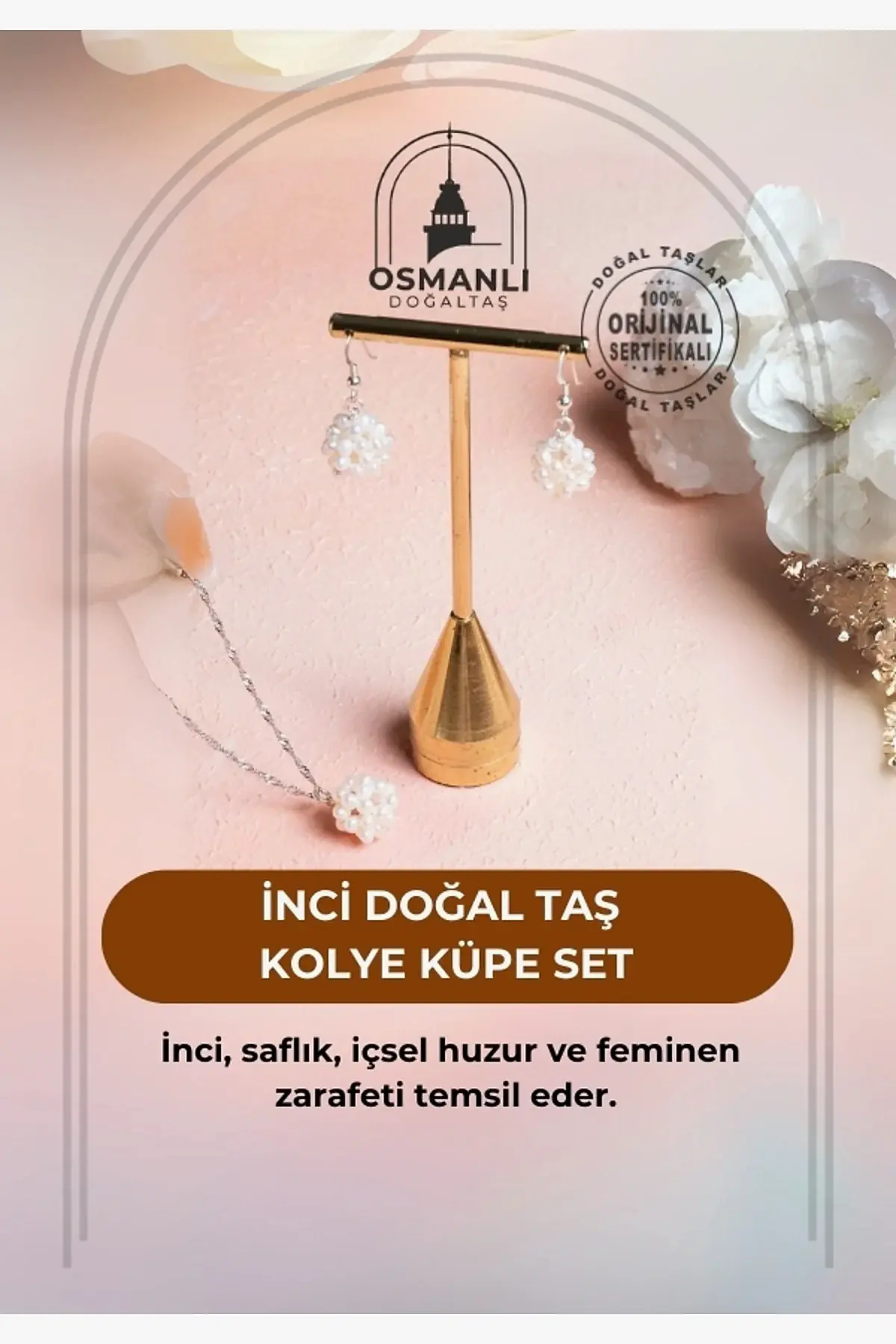 Sertifikalı İnci Doğal Taş Kolye Küpe Set