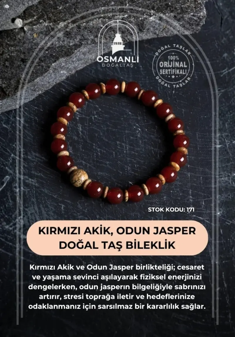 Sertifikalı Kırmızı Akik, Odun Jasper Doğal Taş Bileklik (SK:171)