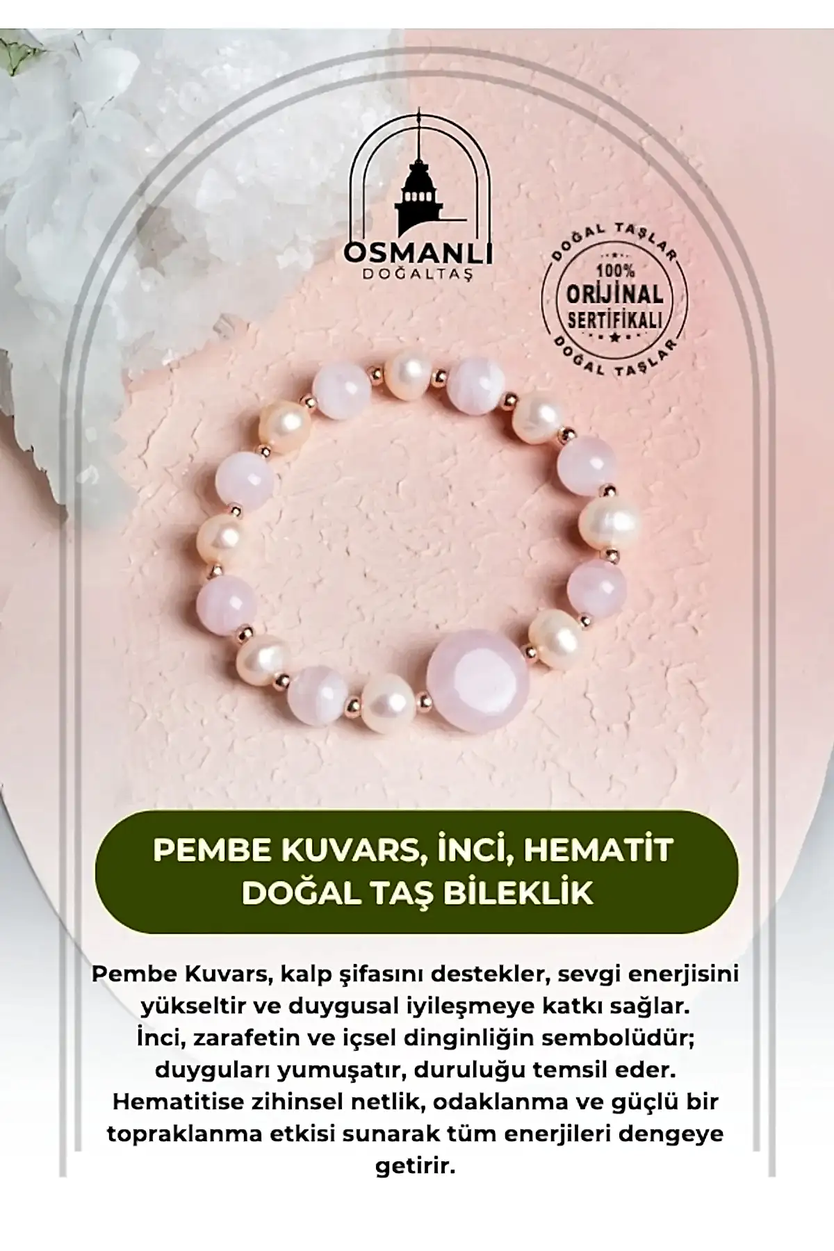 Sertifikalı Pembe Kuvars, İnci, Hematit Doğal Taş Bileklik