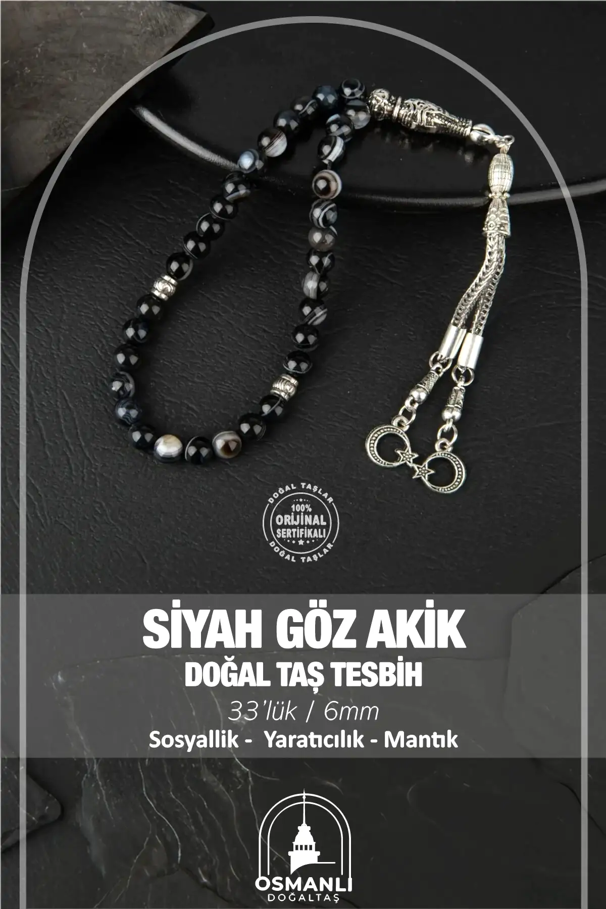Siyah Göz Akik Doğal Taş Tesbih 33lük - 6mm