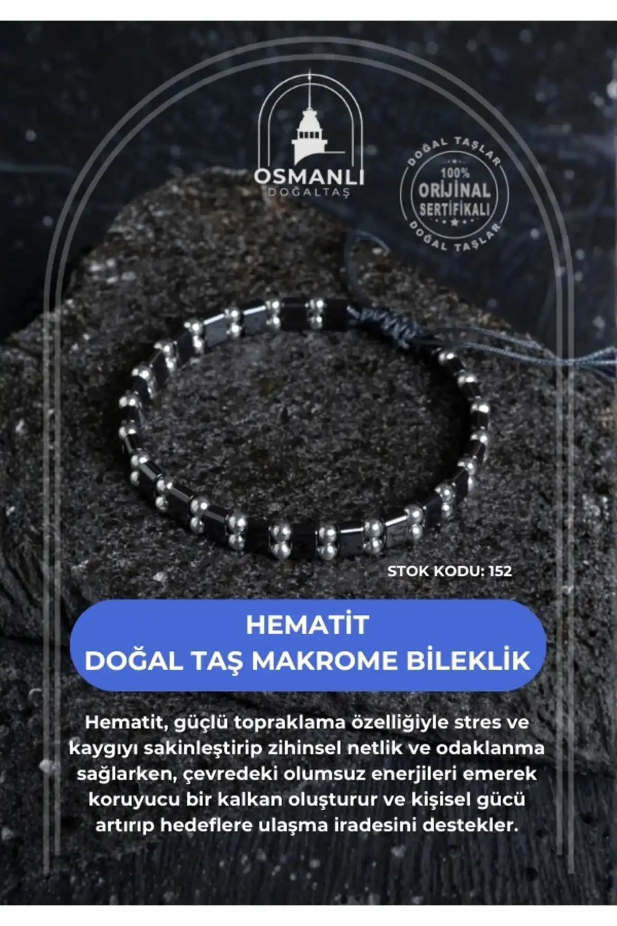 Sertifikalı Hematit Doğal Taş Makrome Bileklik (SK:152)