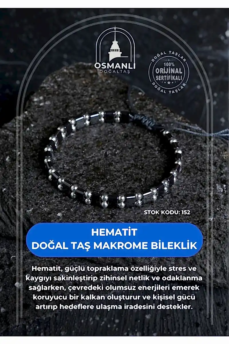 Sertifikalı Hematit Doğal Taş Makrome Bileklik (SK:152)