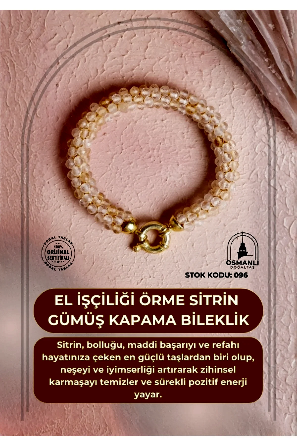 Sertifikalı El İşçiliği Örme Sitrin Gümüş Kapama Bileklik (SK:096)