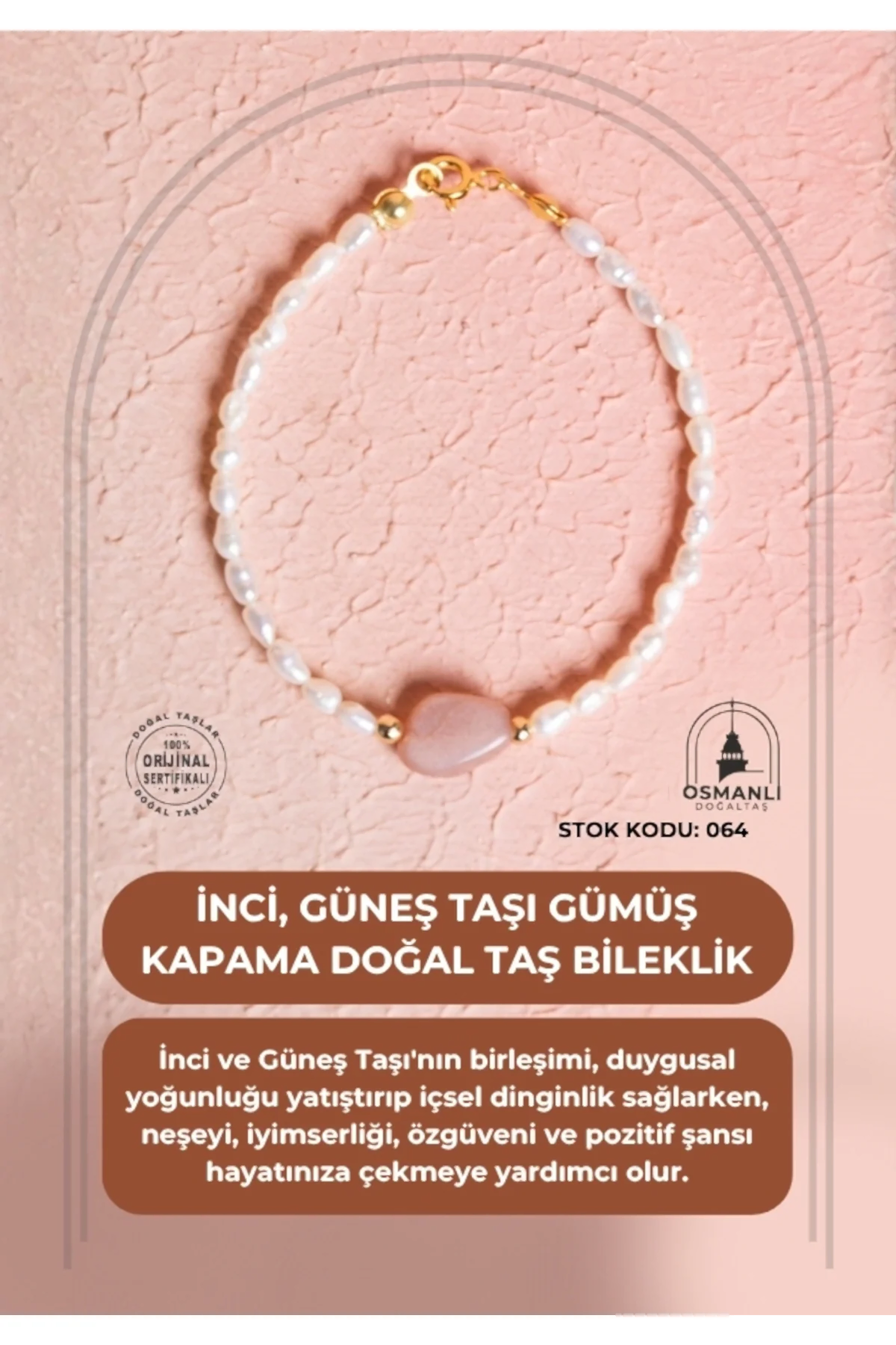 Sertifikalı İnci, Güneş Taşı Gümüş Kapama Doğal Taş Bileklik (SK:064)
