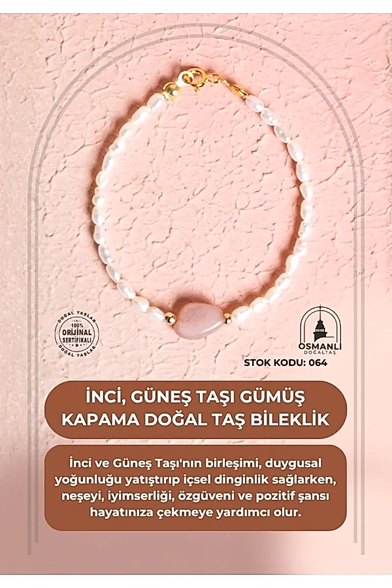 Sertifikalı İnci, Güneş Taşı Gümüş Kapama Doğal Taş Bileklik (SK:064)