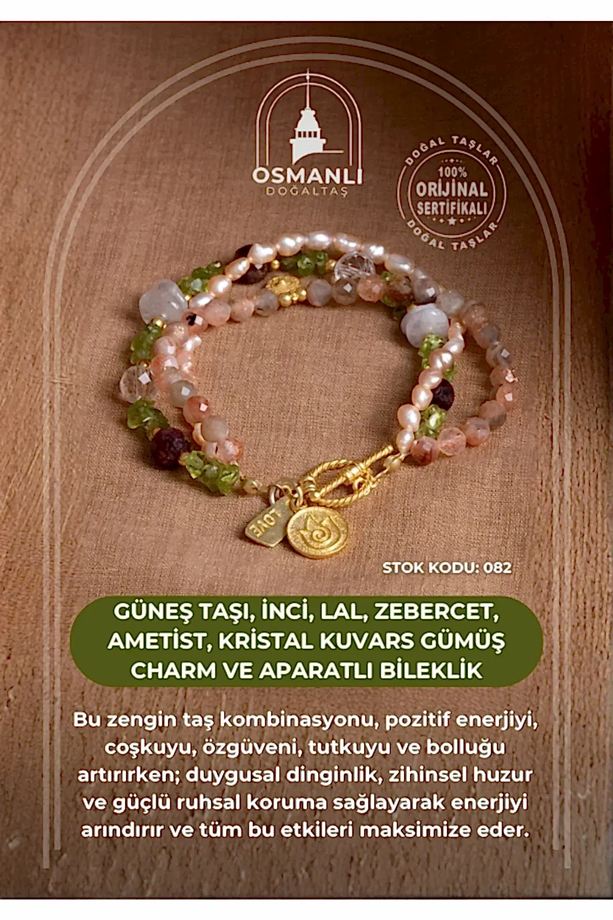 Sertifikalı Güneş Taşı, İnci, Lal, Zebercet, Ametist, Kristal Kuvars Gümüş Charm ve Aparatlı Bileklik (SK:082)