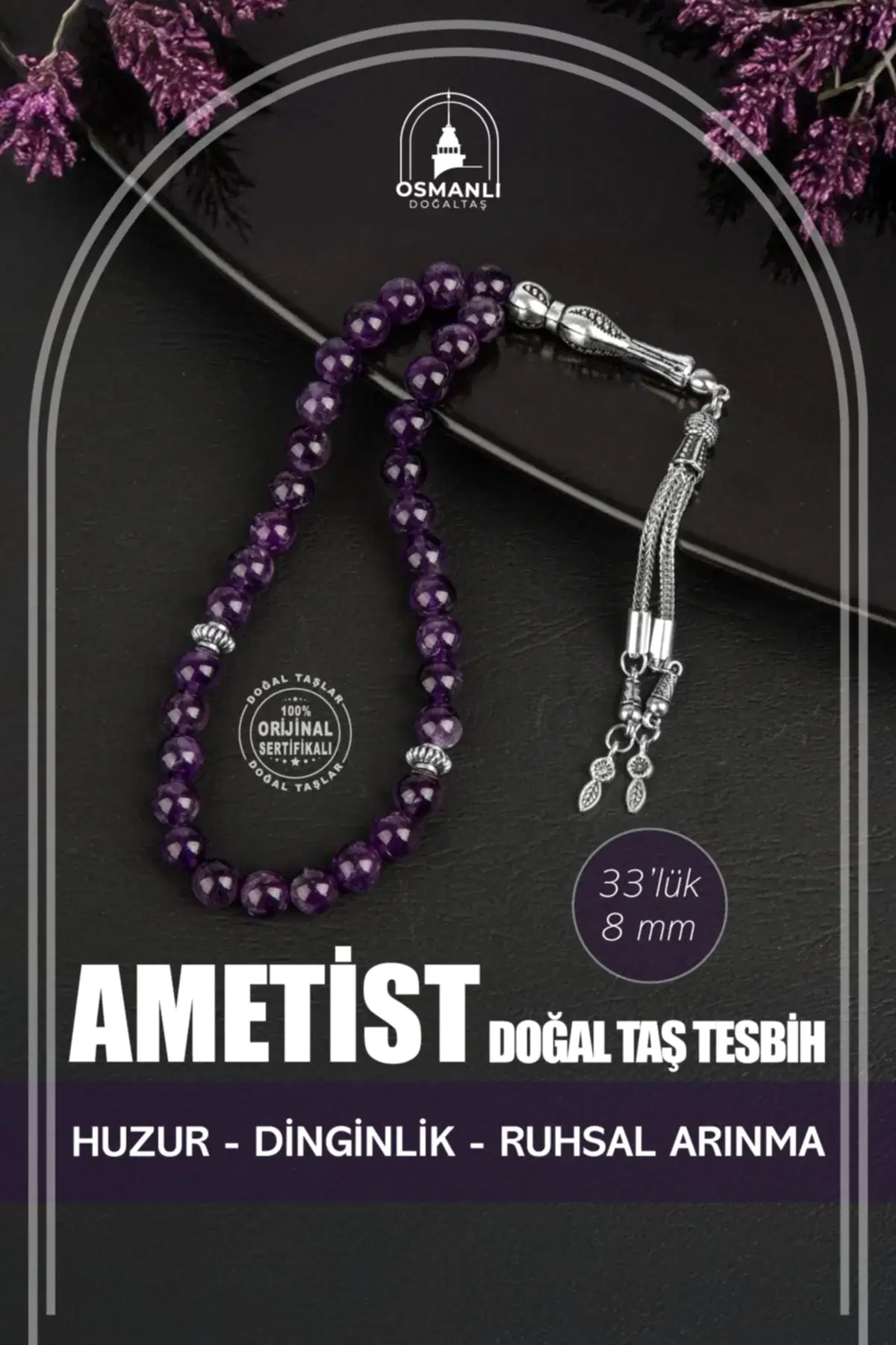Ametist Doğal Taş Tesbih 33lük - 8mm