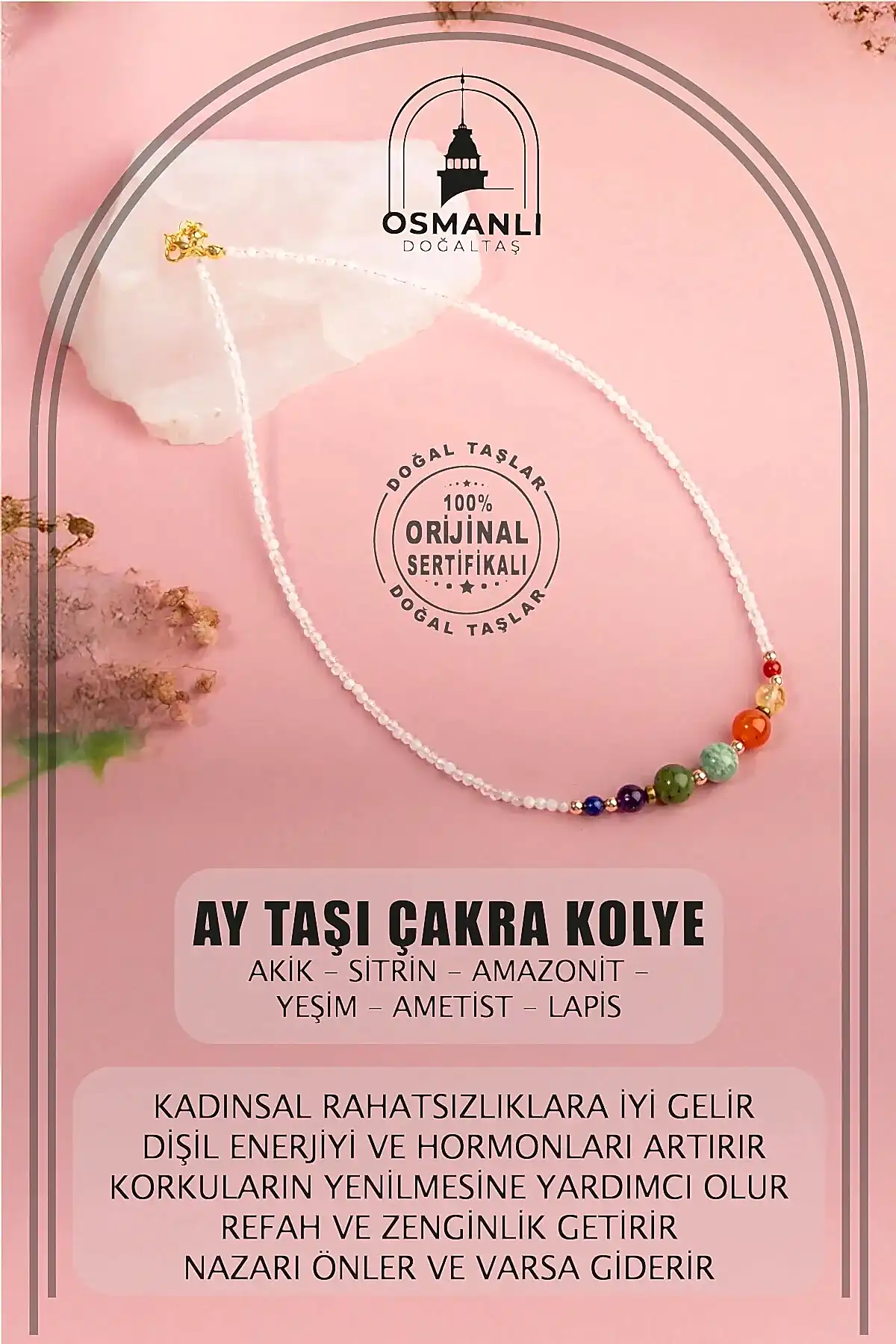 Ay Taşı Çakra Doğal Taş Kolye - Akik, Sitrin, Amazonit, Yeşim, Ametist, Lapis
