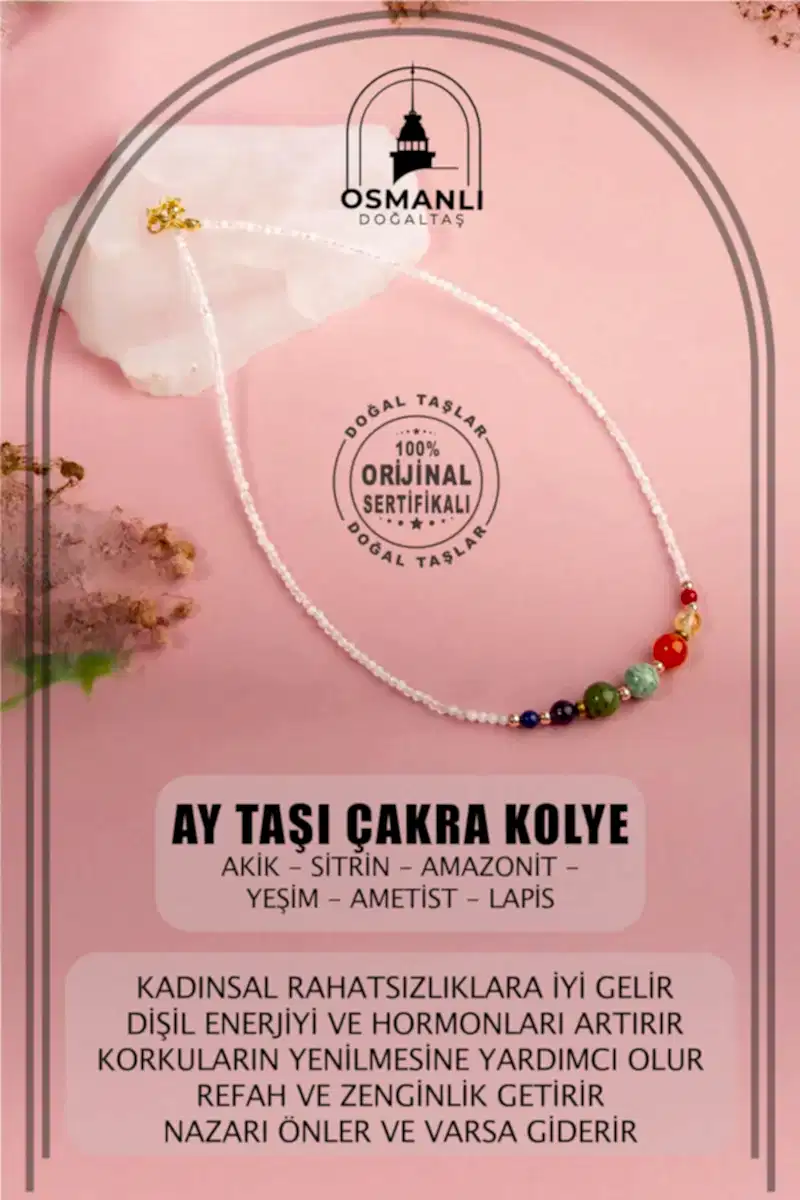 Ay Taşı Çakra Doğal Taş Kolye - Akik, Sitrin, Amazonit, Yeşim, Ametist, Lapis