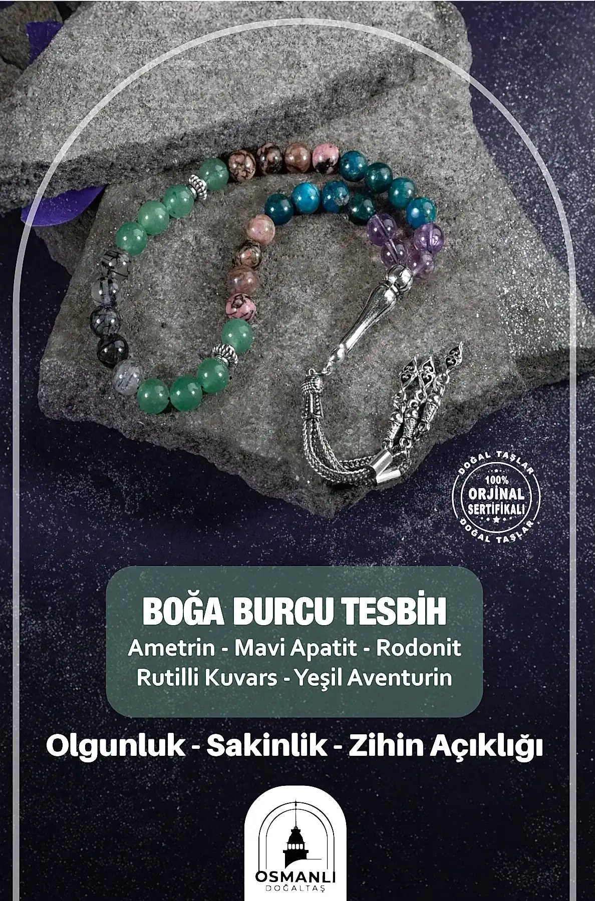 Boğa Burcu Tesbih Ametrin, Mavi Apatit, Rodonit, Rutilli Kuvars, Yeşil Aventurin