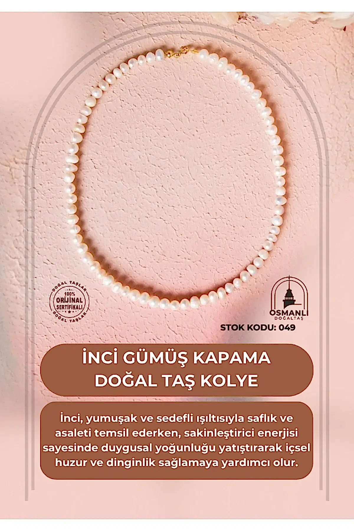 Sertifikalı İnci Gümüş Kapama Doğal Taş Kolye (SK:049)